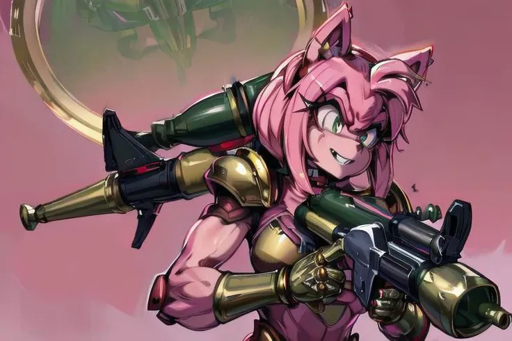 amy rose, furry, solo, 1girl, (evil smile), (evil eyes), green eyes, ((red and gold power armor)), (armor), choker, pink skin, pink hair, long hair, snout, animal nose, animal ears, ((holding rpgrenade7 on shoulder)), upper body, blood background, detailed background