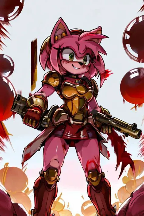 amy rose, furry, solo, 1girl, scary smile, blush, green eyes, glowing eyes, ((red and gold power armor)), armor, skirt, choker, pink skin, snout, animal nose, animal ears, gun, holding gun, standing, (((blood, covered in blood, excessive blood))), (white background)