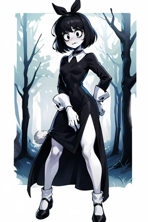 ((masterpiece,best quality)), absurdres, (((sfw))), <lora:Susie-10v3:0.7>, SuDr, Susie, short black hair, bags under eyes, wavy mouth, black eyeliner, black eyes, tight long black dress with white collar, long sleeves, white gloves, black hair ribbon, black shoes, (((white skin))), tired, night forest background, standing,