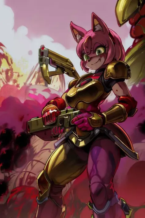 amy rose, furry, solo, 1girl, scary smile, blush, green eyes, glowing eyes, ((red and gold power armor)), armor, skirt, choker, pink skin, snout, animal nose, animal ears, gun, holding gun, standing, (((blood, covered in blood, excessive blood, blood spatter))), (white background)