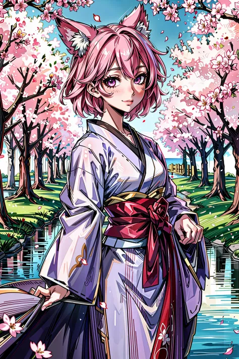 masterpiece, best quality, ultra-detailed, 1girl, detailed water, short hair, pink hair, light pink eyes, kimono, ((close-up)), roses, everywhere roses, gorgeous, cherry blossoms, cherry, cherry blossoms tree, smile, view from front, fox ears, kitsune,
<lora:GoodHands-vanilla:1>