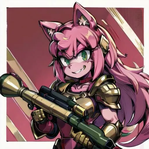 amy rose, furry, solo, 1girl, (evil smile), (evil eyes), green eyes, ((red and gold power armor)), (armor), choker, pink skin, pink hair, long hair, snout, animal nose, animal ears, (holding rpgrenade7 on shoulder), upper body, blood background, detailed background