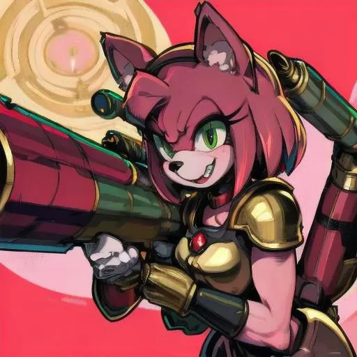 amy rose, furry, solo, 1girl, evil smile, evil smile, green eyes, glowing eyes, ((red and gold power armor)), armor, choker, pink skin, snout, animal nose, animal ears, ((rocket launcher, holding rocket launcher, aiming rocket launcher)), upper body, (white background)