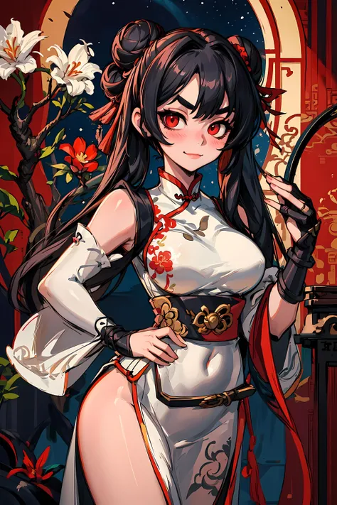Original Character, Volumetric Lighting, Best Shadows, Shallow Depth of Field, Portrait Of Stunningly Beautiful Girl, Delicate Beautiful Attractive Face With Alluring Red Eyes, Sharp Eyebrows, Seductive Smiling, Closed Mouth, Lovely Medium Breasts, Layered Medium Twintail Black Hair, Double Hair Bun, Blush Eyeshadow, Chinese Traditional Dress, SideBoobs, Side Slit, Tassel Belt, Pelvic Curtain, Wide Hips, Bridal Gauntlets, Chinese Architecture Style Interior, Night Sky, Lattice Round Window, Antique Folding Screen, Bonsai Trees, Flowers, Standing, (Highest Quality, Amazing Details:1.25), (Solo:1.3), Brilliant Colorful Paintings, <lyco:GoodHands-beta2:1.0>