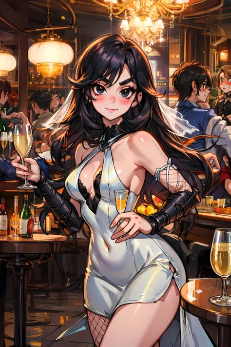Original Character, Volumetric Lighting, Best Shadows, Shallow Depth of Field, Portrait Of Stunningly Beautiful Girl, Delicate Beautiful Attractive Face With Alluring Black Eyes, Sharp Eyebrows, Seductive Smiling, Closed Mouth, Lovely Medium Breasts, Layered Medium Black Hair, Blush Eyeshadow, Luxury, Plunge V-Neck, Halter Tight Dress, SideBoobs, Slim Belly, Bridal Gauntlets, Fishnet Thighs, In The Crowded Highest Rooftops Bar, City Night Sky Panorama, Champagne Party, Grand Piano, Tables And Chairs, Cheers Toast, Holding Champagne Glass, (Highest Quality, Amazing Details:1.25), (Solo:1.3), Brilliant Colorful Paintings, <lyco:GoodHands-beta2:1.0>
