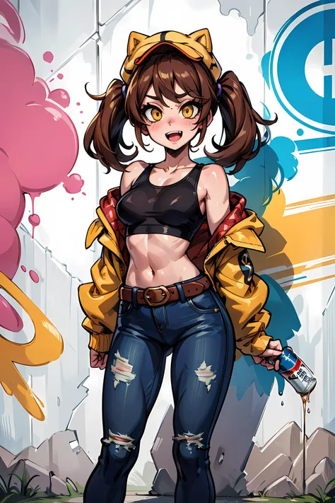 best quality, high resolution, distinct image, concept art, Original Characters, Natural Volumetric Lighting And Best Shadows, Deep Depth Of Field, Sharp Focus, Portrait Of Stunningly Beautiful Petite Girl, Soft Delicate Beautiful Attractive Face With Alluring Yellow Eyes, Lovely Small Breasts, Sharp Eyeliner, Seductive Smiling, Open Mouth With Cute Fangs Out, Windswept Disheveled Brown Hair, Thick Layered Medium Twintail Hairstyles, Blush Eyeshadow With Thick Eyelashes, Parted Lips, Applejack Hat, Oversized Pop-Art Jacket, Slim Waist With Open Cute Navel, Denim Jeans Pants With Buckle Belt, (Messy Painted Body:1.05), (Holding Spray Paint Can:1.1), (Graffiti Murals Wall Background:1.15), (Standing On Narrow City Streets Crossword:1.2), (Highest Quality, Amazing Details:1.4), Masterpiece, Bloom, Picturesque, Brilliant Colorful Paintings