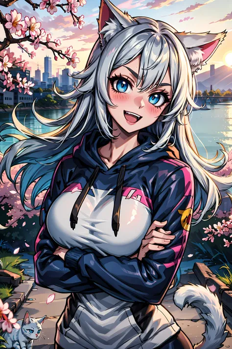 masterpiece, best quality, 1girl, beautiful detailed eyes, perfect face, beautiful detailed face, blue eyes, head tilt, sigma 400mm f1.8, photo fine print, amazing sharp focus, walking, outdoors, cherry blossoms, sunset, upper body, ultra detailed, silver hair, large breasts, (cat ears:1.2), long hair, :d, blush, soft skin, hoodie, crossed arms, <lyco:GoodHands-beta2:1.0>,