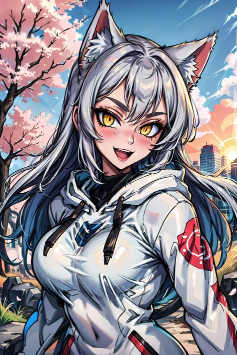 masterpiece, best quality, 1girl, beautiful detailed eyes, perfect face, beautiful detailed face, yellow eyes, =sigma 400mm f1.8, photo fine print, amazing sharp focus, walking, outdoors, cherry blossoms, sunset, upper body, ultra detailed, silver hair, large breasts, (cat ears:1.2), long hair, light smile, :d, blush, soft skin, hoodie, hood down, <lyco:GoodHands-beta2:1.0>,<lora:Anime_Lineart_Style_Lora:0.2> <lora:BrushlineBeta:0.2>