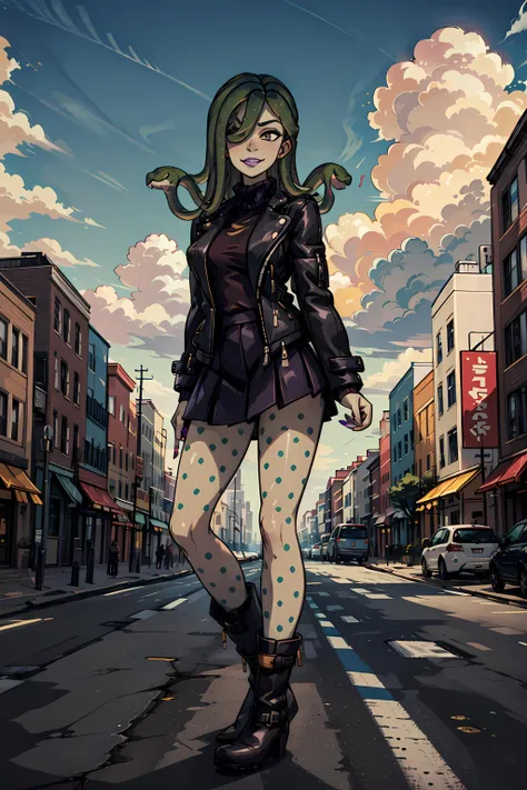 (masterpiece, best quality:1.2), <lora:vera_oberlin:.9>, vera oberlin, 1girl, solo, purple lips, green hair, jacket, sweater, hair over one eye, long hair, breasts, large breasts, snake hair, black skirt, makeup, black footwear, turtleneck, colored skin, green skin, lipstick, polka dot, leather, nail polish, purple nails, black jacket, miniskirt, purple sweater, leather jacket, open jacket, long sleeves, ribbed sweater, open clothes, high heel boots, monster girl, smile, outdoors, day, standing, cloud, blue sky, sweat, looking at viewer, street background,