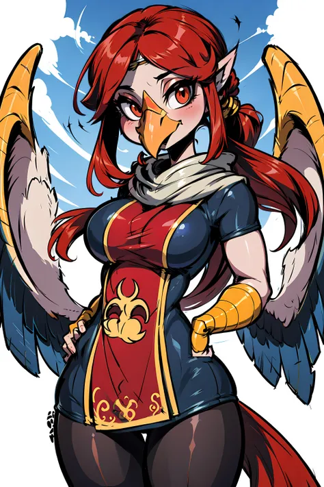 <lora:Anthro-Birds-v3.2.2-no_offset:1> Anthro, Avian, Bird, Beak, Wings, Tail Feathers, ((rito)),  <lora:medli_v1:0.7>, medli, 1boy, bird, large breasts, looking at viewer, looking down, red hair, solo focus,