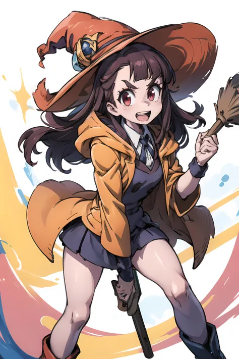 akko, 1girl, hat, witch_hat, open_mouth, solo, witch, school_uniform, broom, luna_nova_school_uniform, teeth, dress, holding, wand, long_sleeves, v-shaped_eyebrows, robe, wide_sleeves, looking_at_viewer, pale_skin, ribbon, boots, umbrella, smile, broom_riding, anime_coloring, shirt, neck_ribbon, hood, upper_teeth_only, collared_shirt, staff <lora:akko_multimerge:1>, smile