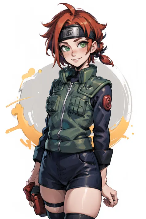 (masterpiece, best quality:1.2), solo, 1girl, smile, looking at viewer, forehead protector, joninvest <lora:attire_narutovest:1.0>, tomboy, short hair, green eyes, ginger hair, freckles,