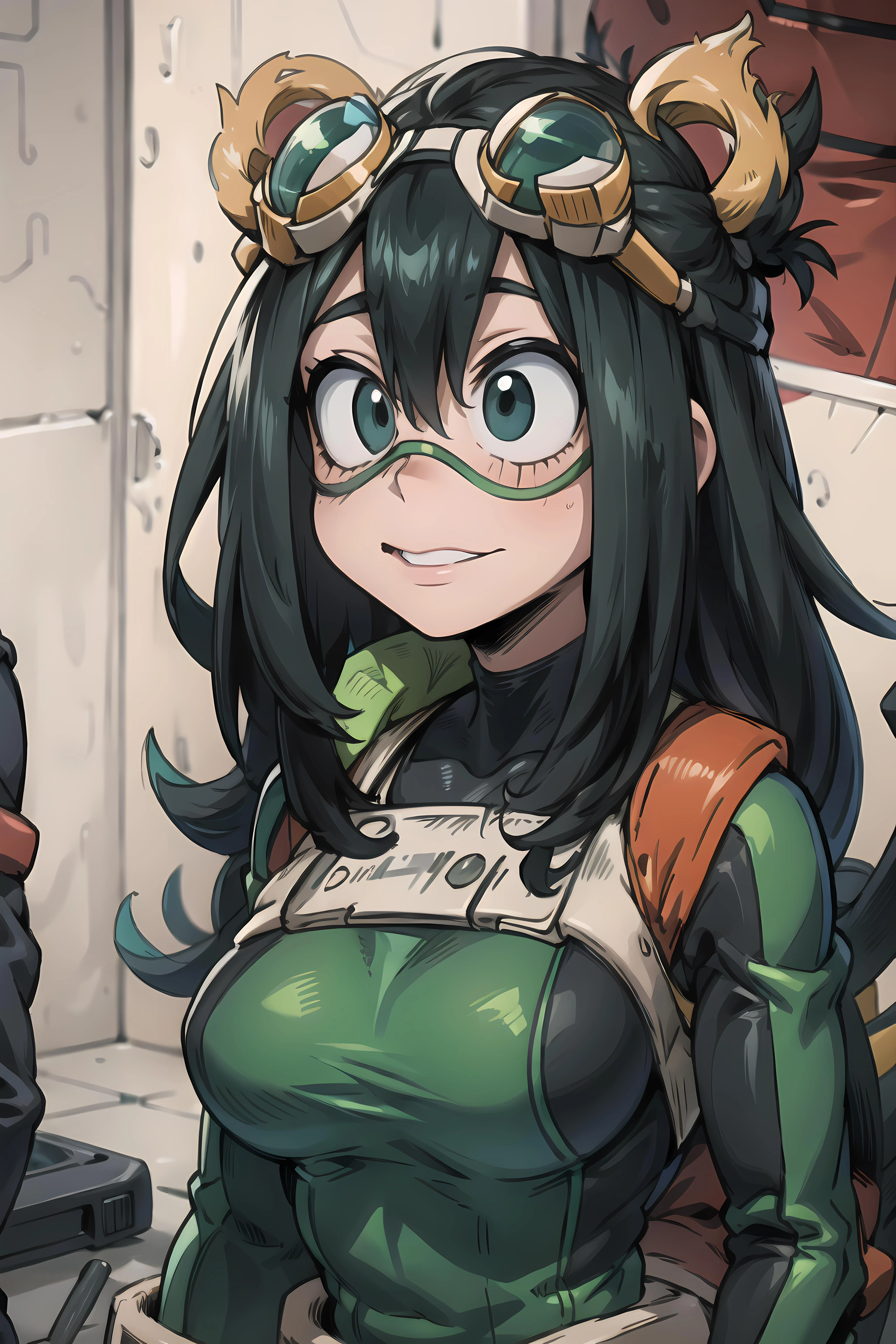 asui_tsuyu 1girl, solo, goggles, superhero, <lora:tsuyu_multimerge:1>