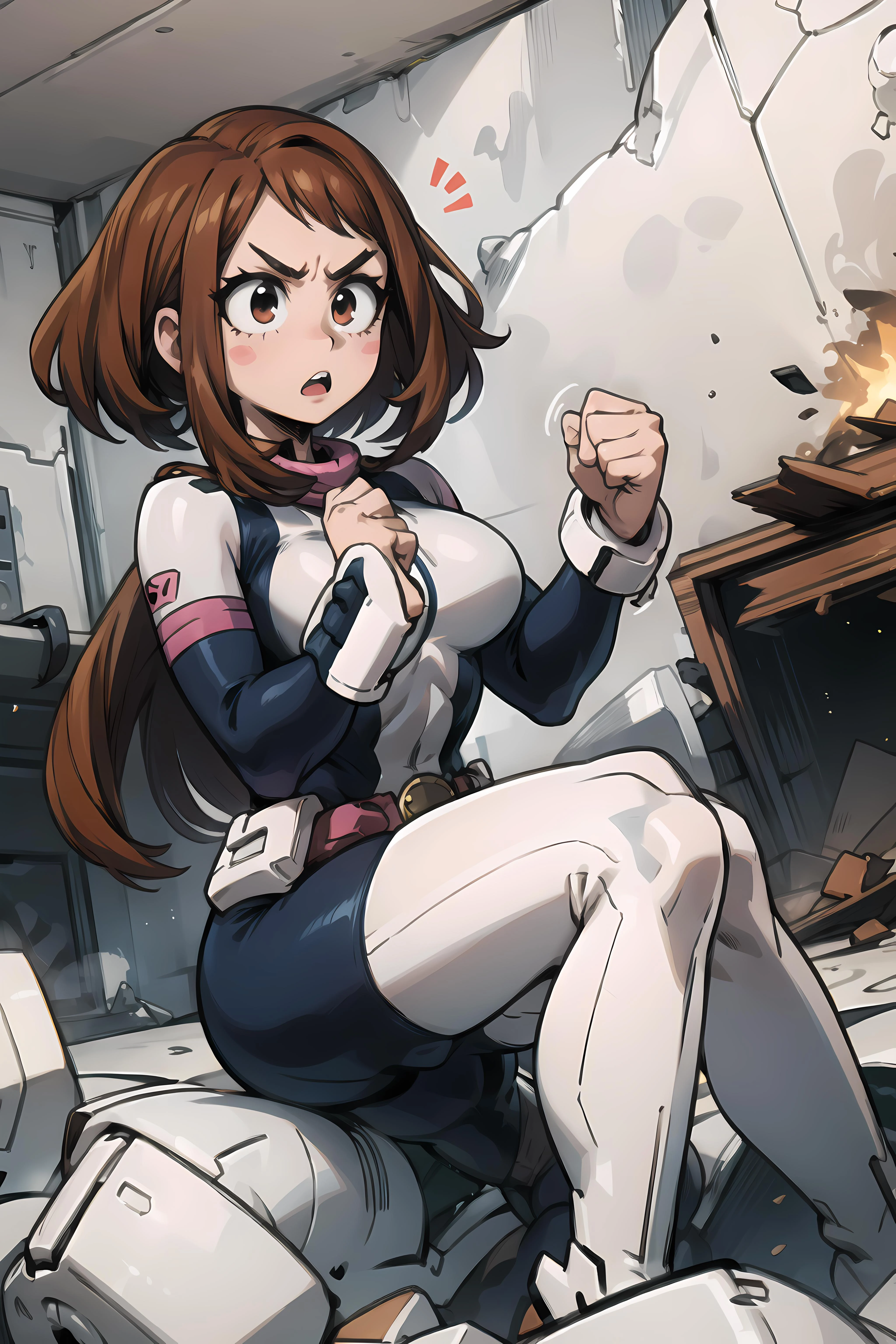 ochaco_uraraka, 1girl, blush_stickers, bodysuit, open_mouth, solo, boots, breasts, superhero, looking_at_viewer, clenched_hands, teeth, belt, rubble, blush, angry, debris, black_bodysuit, sitting, :o, indoors, high_heel_boots, v-shaped_eyebrows, blurry, <lora:ochaco_uraraka_multimerge:1>