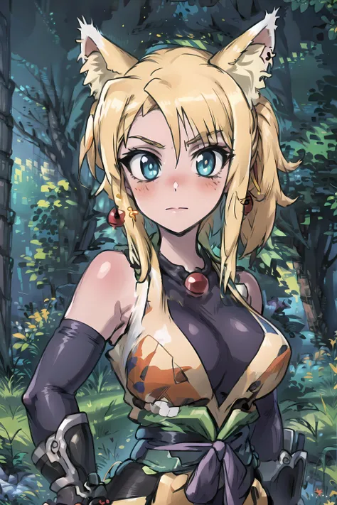 yukikaze_panettone, 1girl, breasts, gloves, japanese_clothes, jewelry, elbow_gloves, blush, hand_on_hip, necklace, letterboxed, stained_glass, ribbon, looking_at_viewer, bare_shoulders, armor, animal_ear_fluff, anime_coloring, earrings, fingerless_gloves, upper_body <lora:yukikaze_panettone_multimerge:1>