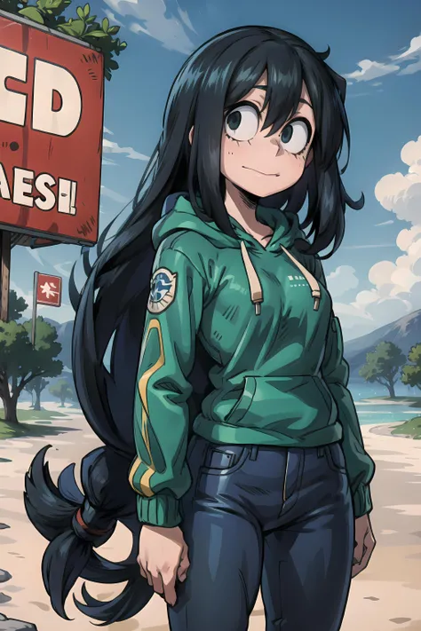 <lora:tsuyu_multimerge:1>, asui_tsuyu,solo, 1girl, black hoodie, blue jeans,
