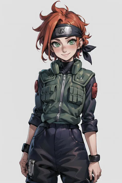 (masterpiece, best quality:1.2), solo, 1girl, smile, looking at viewer, forehead protector, joninvest <lora:attire_narutovest:1>, tomboy, short hair, green eyes, ginger hair, freckles, full pants, long pants,