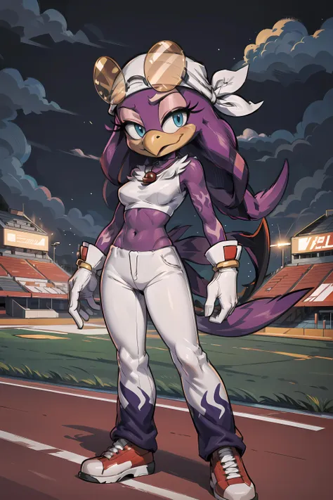 waveswallow, furry female anthro, bird girl, standing, portrait, tranquil, solo, (body fur:1.2), (best quality), (racetrack background:1.2), medium breasts, cinematic lighting, (detailed fluffy feathers:1.1), looking at viewer, white bandana, sunglasses, white gloves, necklace, white tube top, purple pants, flame print pants, red shoes, tail feathers, <lora:waveswallow-v1-locon:1>,