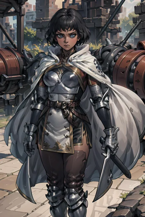 (masterpiece:1.4),(best quality:1.4), <lora:mercedes_dd:1>(mercedes_dd),1girl,solo,short hair, cape, armor, black hair, battle pose, holding sword,