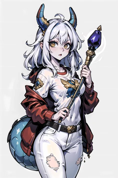 ((masterpiece,best quality)), absurdres, (((sfw))), dragonian, dragonian_body, dragonian_tail, dragonian_hairstyle, scale, <lora:dragonian_v1:0.7>, white skin, royal t-shirt, royal jeans, royal parka, royal scepter, elegant,