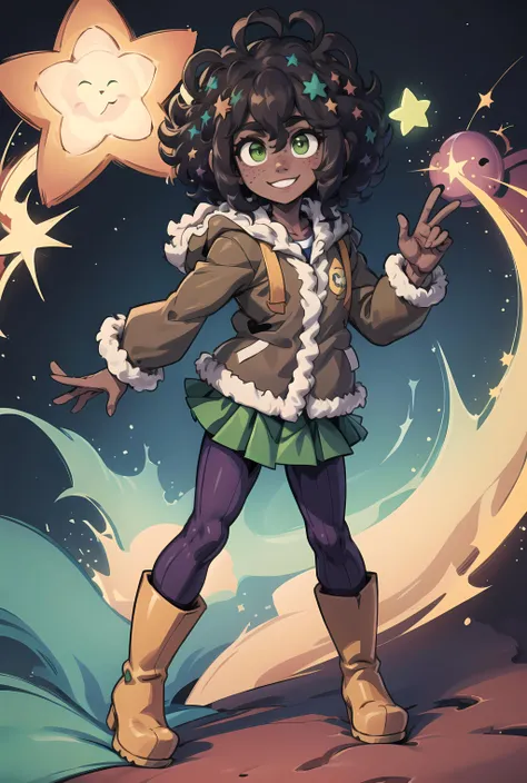 masterpiece, best quality, <lora:MollyBlyndeff:1> Molly Blyndeff, 1girl, dark skin, green eyes, freckles, multicolored star hair ornaments, brown hair, ahoge, brown jacket, fur trim, purple pants, green skirt, yellow rainboots, full body, smile, button nose