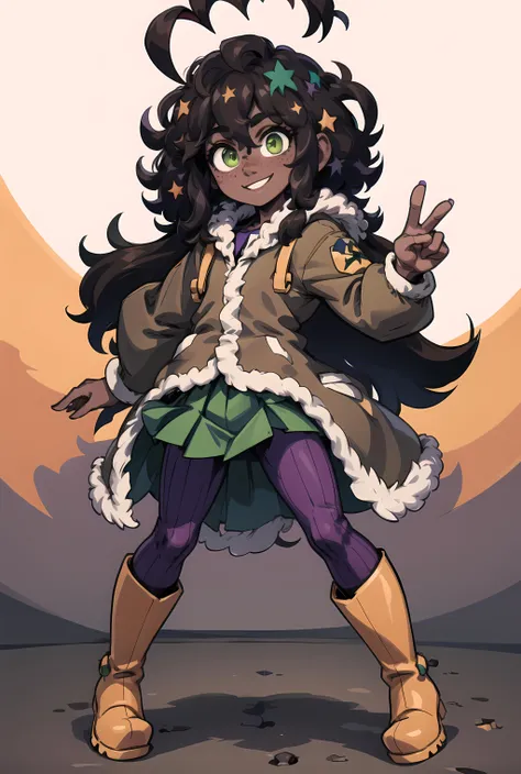 masterpiece, best quality, <lora:MollyBlyndeff:1> Molly Blyndeff, 1girl, dark skin, green eyes, freckles, multicolored star hair ornaments, brown hair, ahoge, brown jacket, fur trim, purple pants, green skirt, yellow rainboots, full body, smile, button nose