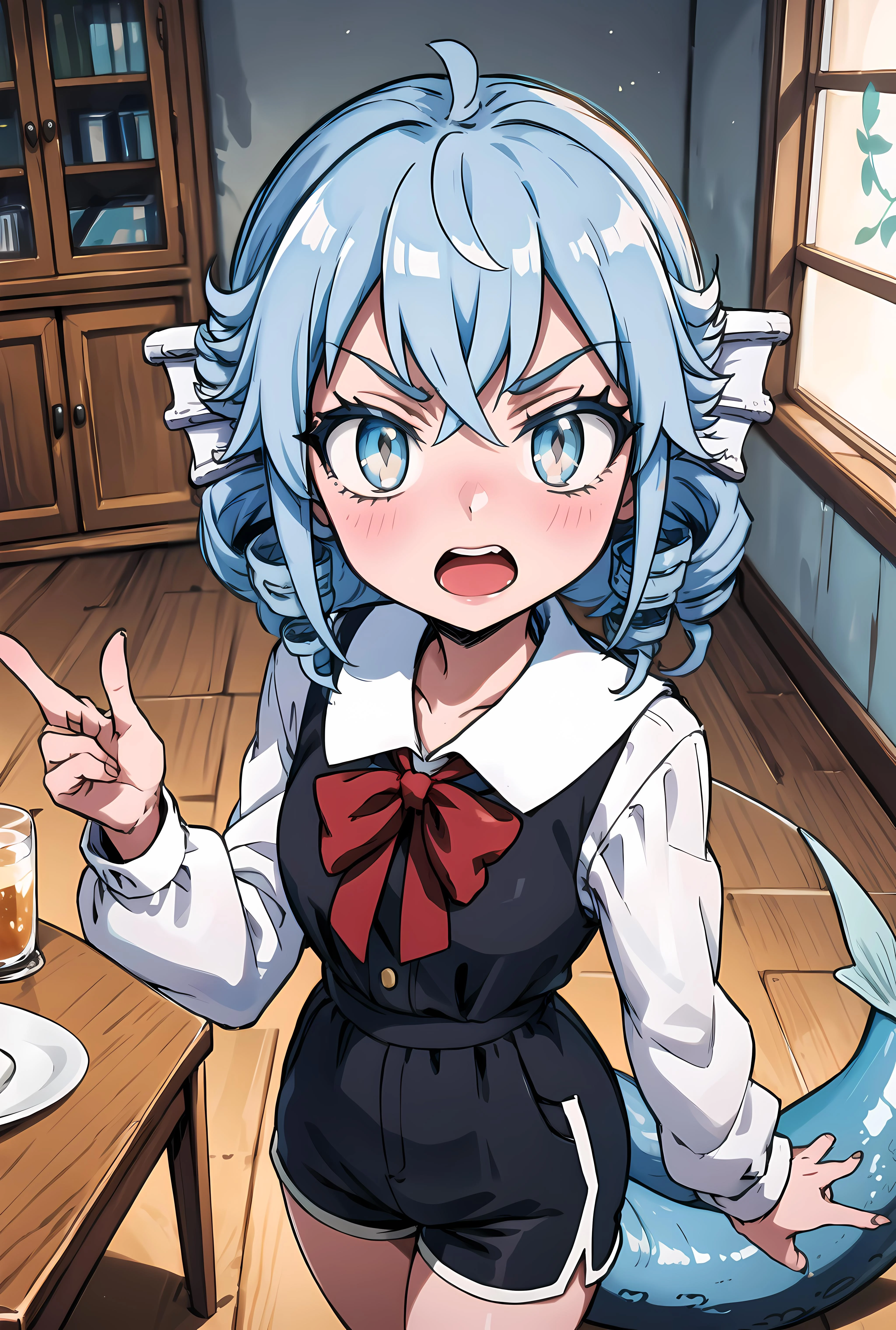 masterpiece, best quality, (((sfw))), <lora:rpg fudousan fa :0.7>, 1girl, tail, solo, blue eyes, blue hair, bow, looking at viewer, shorts, drill hair, black shorts, ((smug)), + +, table, chair, monster girl, indoors, (((portrait))), mermaid, head fin, open mouth,