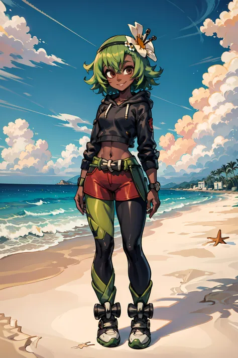 best quality, masterpiece, (((sfw))), <lora:AmaliaWakfu:0.9> 4M4L14, green hair, flower, dark-skinned female, dark skin, red shorts, short hair, hair ornament, brown eyes, smile, black hoodie, white leggings, skate shoes, beach background,