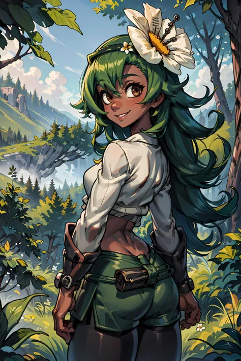 best quality, masterpiece,  (((sfw))),  <lora:AmaliaWakfu:0.9> 4M4L14, green hair, flower, dark-skinned female, dark skin, green shorts, long hair, hair ornament, brown eyes, smile, white sweater, black leggings, forest background,