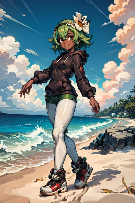 best quality, masterpiece,  (((sfw))),  <lora:AmaliaWakfu:0.9> 4M4L14, green hair, flower, dark-skinned female, dark skin, red shorts, short hair, hair ornament, brown eyes, smile,  black hoodie, white leggings, skate shoes, beach background,