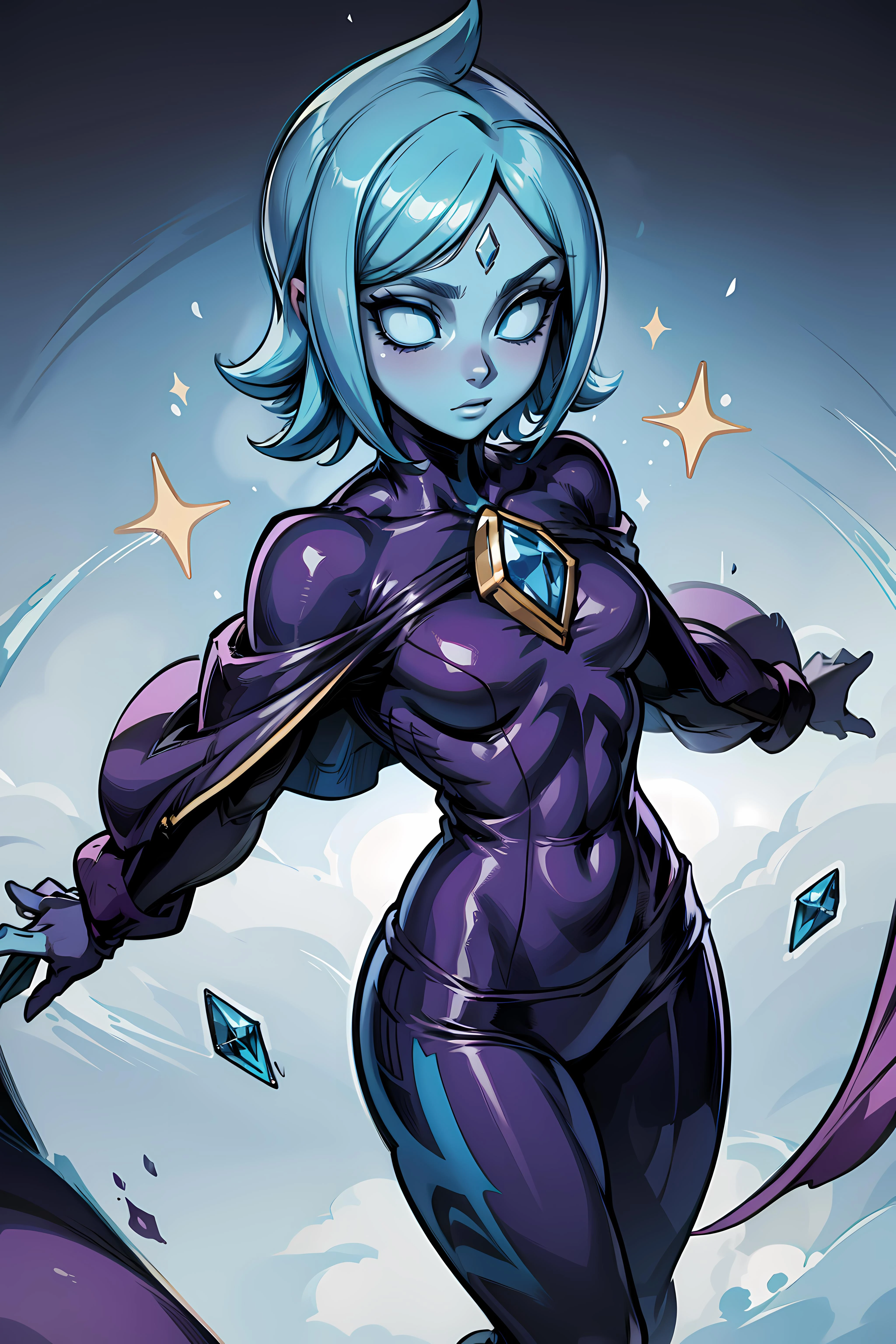 ((((sfw)))), <lora:FiSS4:0.9> blue eyes, blank eyes, no pupils, colored skin, blue skin, blue hair, body jewel, forehead jewel,
