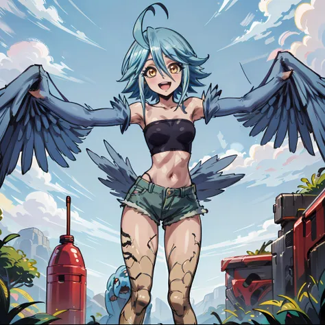 (((picture perfect))), (absurdres), 1girl, solo, <lora:papi-monmusu:0.8>, papi, (monster girl, harpy, bird legs, winged arms:1.3), black tube top, shorts, standing, looking at viewer, :d, open mouth, smile