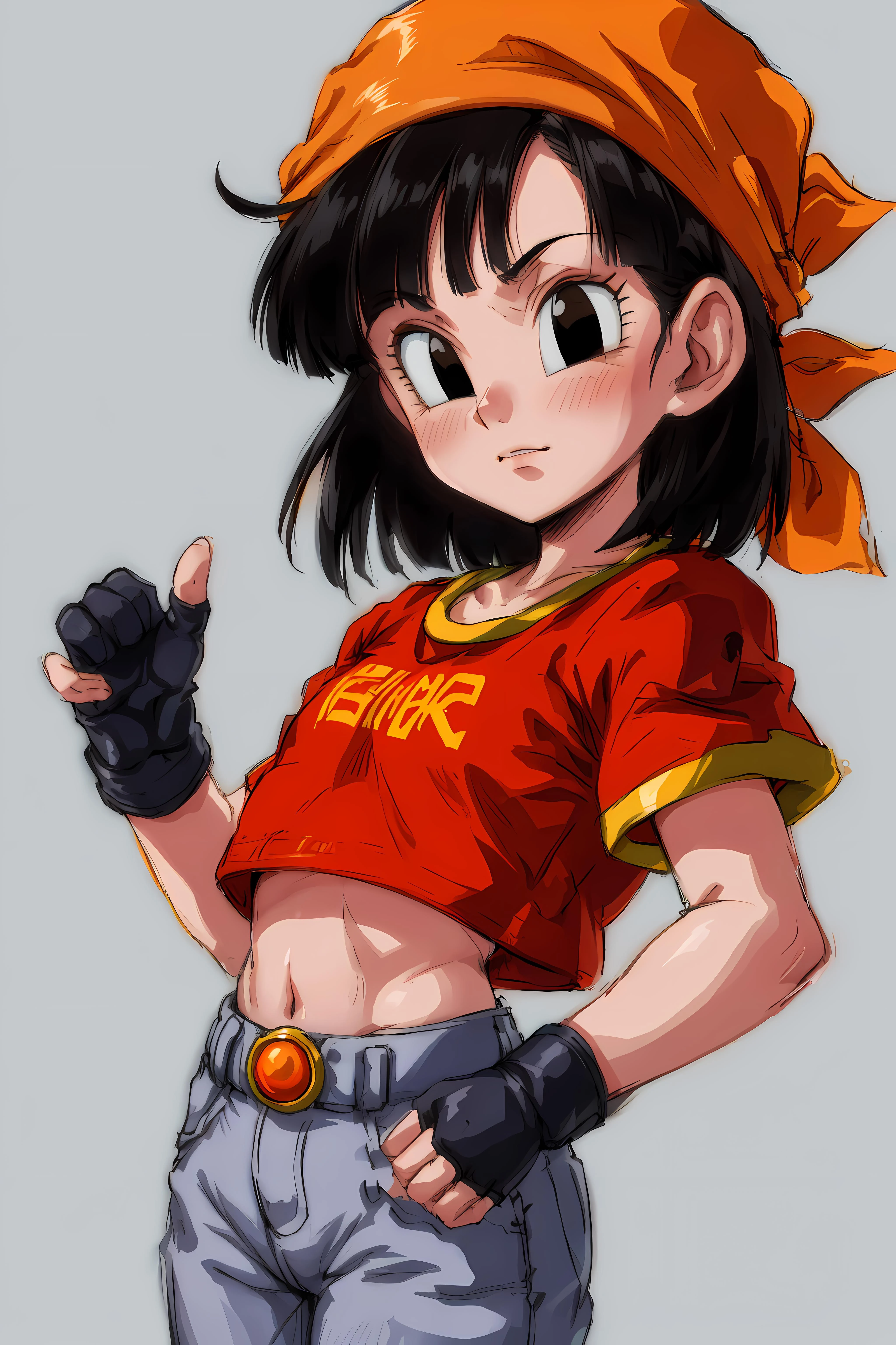 <lora:pandballgt_ex_01:1> pandballgt, 1girl, black eyes, black hair, short hair, orange bandana, pants, hands in pockets, red shirt, crop top, female