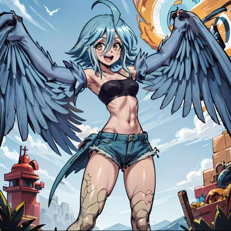 (((picture perfect))), (absurdres), 1girl, solo, <lora:papi-monmusu:0.8>, papi, (monster girl, harpy, bird legs, winged arms:1.3), black tube top, shorts, standing, looking at viewer, :d, open mouth, smile