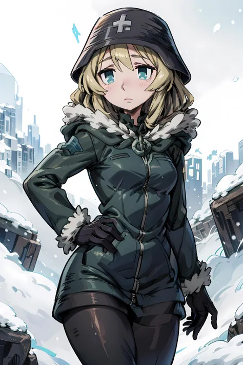 <lora:yuuri-glt:0.9> yuuri, 1girl, solo, fur trim, helmet, uniform, military, military helmet, military uniform, coat, jacket, gloves, hood, snowing,