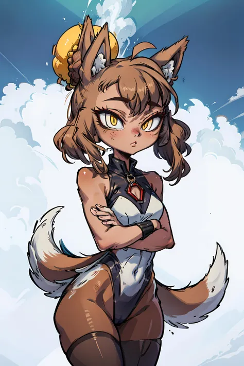 <lora:BaoziLORA:0.8> 1girl, solo, short hair, bangs, brown hair, animal ears, tail, yellow eyes, sidelocks, sleeveless, hair bun, single hair bun, dog ears, wolf tail, furry, dog tail, wide-eyed, furry female, dog girl, wolf girl, bun cover, body fur, animal nose, brown fur, two-tone fur, small chest,