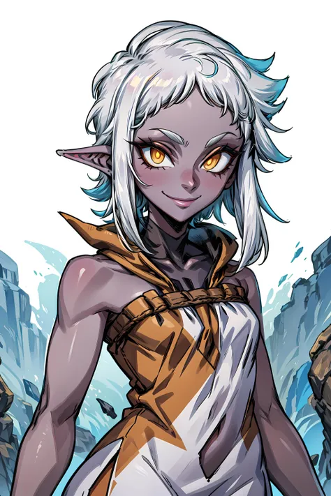 <lora:GhorzaV1.2:0.7> Ghorza, 1girl, solo, grey skin, colored_skin, yellow eyes, white hair, pointy ears, brown dress, short hair, smile