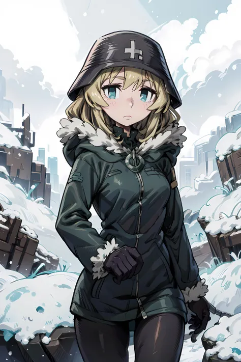 <lora:yuuri-glt:0.9> yuuri, 1girl, solo, fur trim, helmet, uniform, military, military helmet, military uniform, coat, jacket, gloves, hood, snowing,