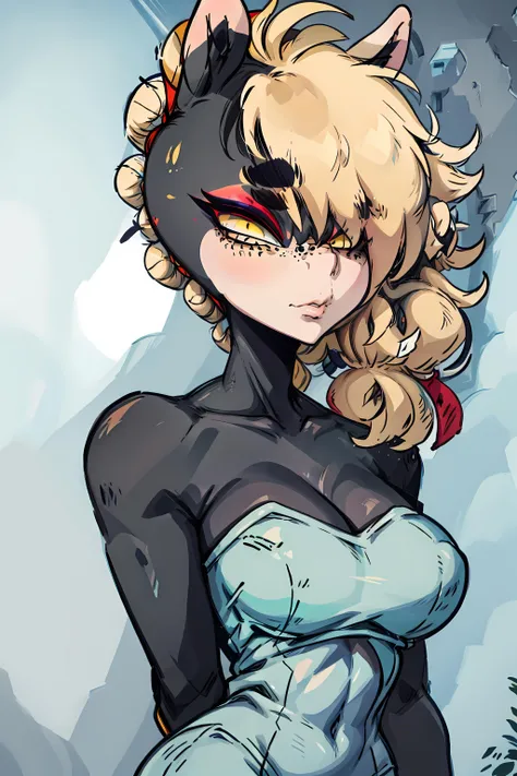 <lora:TangLORA:1> tang, hair over one eye, makeup, eyeshadow, furry female, body fur, detailed eyes, yellow eyes, blond hair, freckles, long hair, colored skin, furry, animal nose,