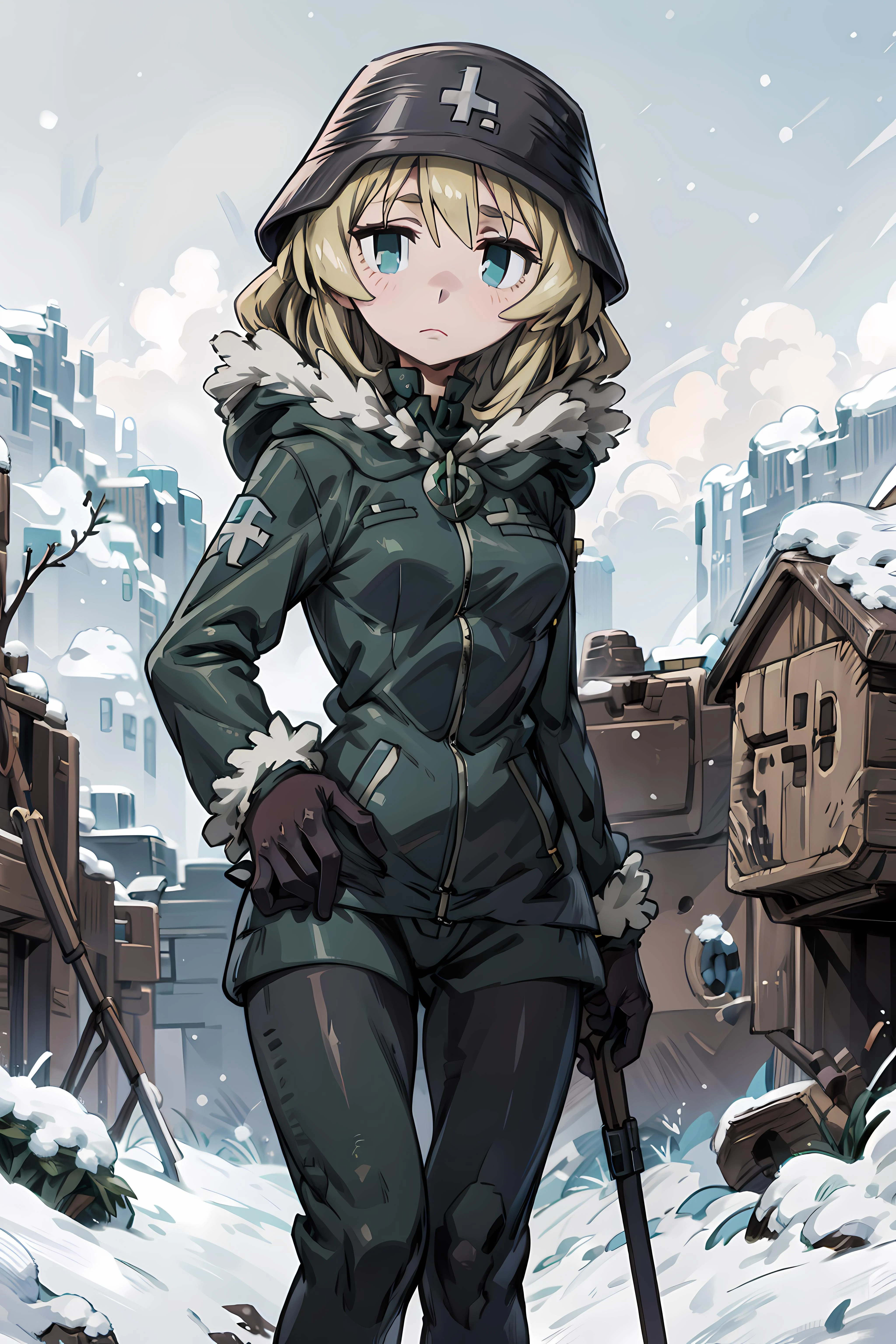 <lora:yuuri-glt:0.9> yuuri, 1girl, solo, fur trim, helmet, uniform, military, military helmet, military uniform, coat, jacket, gloves, hood, snowing,