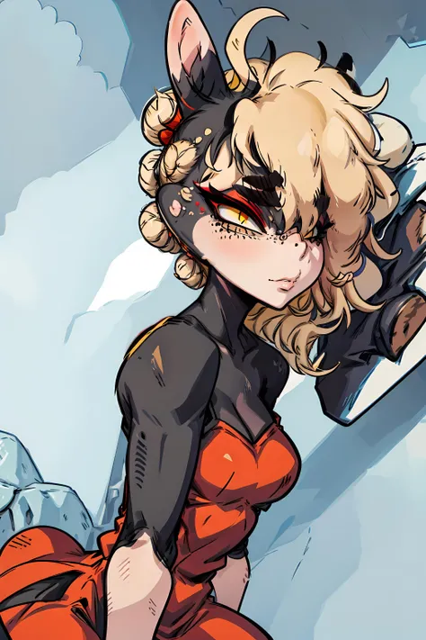<lora:TangLORA:1> tang, hair over one eye, makeup, eyeshadow, furry female, body fur, detailed eyes, yellow eyes, blond hair, freckles, long hair, colored skin, furry, animal nose, red dress,
