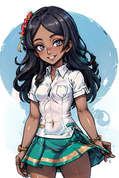 <lora:LassSM:0.9> lasssm, 1girl, solo, skirt, shirt, white shirt, short sleeves, smile, green skirt, dark skin, tanned skin