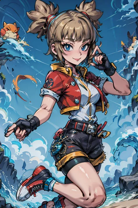 <lora:Kate:0.7> kate_(pokemon), 1girl, solo, jacket, gloves, fingerless gloves, smile, belt, shorts, bike shorts, shirt, open clothes, cropped jacket, short sleeves, shoes, blunt bangs, red jacket, black gloves, black shorts