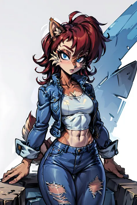 <lora:sally-v1:1> sally, anthro, 1girl, solo, furry female, furry, body fur, fur, chipmunk girl, female, animal ears, short hair, short tail, scut tail, navel, blue jacket, white t-shirt, blue jeans,