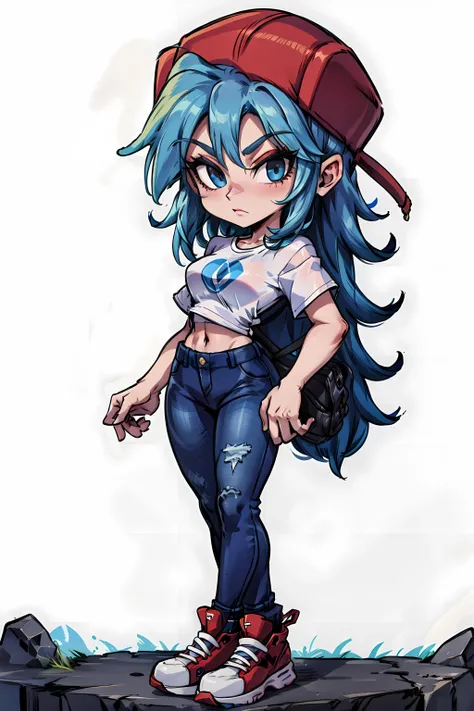 <lora:GSBF:0.8> gsbf, full body, chibi, baseball cap, midriff, denim, sneakers, white t-shirt, blue jeans,