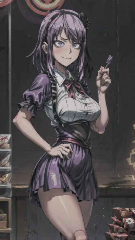 ((1girl, Hotaru Shidare, Dagashi Kashi)), smug, smirk, candy shop, holding candy, dynamic pose, <lora:hotaru-dagashi:0.9> <lora:add_detail:1>, masterpiece, best quality, hyperrealistic, extremely detailed, highly quality, 4k, sharp focus, professional photograph, sharp focus, award winning, cinematic lighting, octane render, unreal engine, volumetrics dtx, Wallpaper,