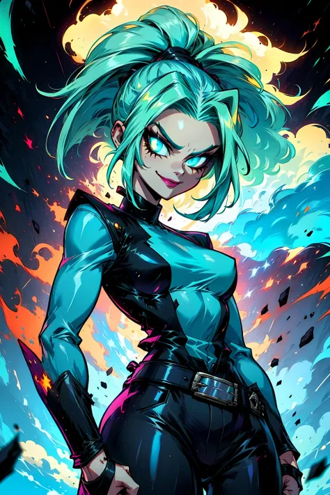 <lora:Ember_McLain_Danny_Phantom:0.8> ember_mclain_danny_phantom, blue fire, smile, green hair, pony tail, aqua hair, goth, big belt, <lora:r1ge - AnimeRage:0.9> r1ge, glowing, flying debris, magic, aura, energy, (cyan theme:1.2), dark art,  closeup,