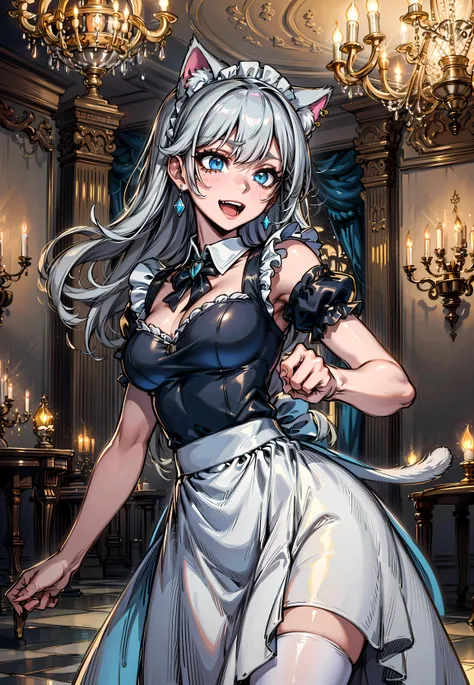 ((masterpiece)),(best quality), (illustration:1.2),((extremely detailed CG unity 4k wallpaper)),(cinematic lighting),official_art,10s (an extremely delicate and beautiful girl:1.3),(++silver hair++),blue eyes,(cat ears), long hair, jewelry,earrings, :d, maid, maid headdress, serving food to guests,
dance floor,(Crystal chandelier), party,indoor <lora:add_saturation:0.5>