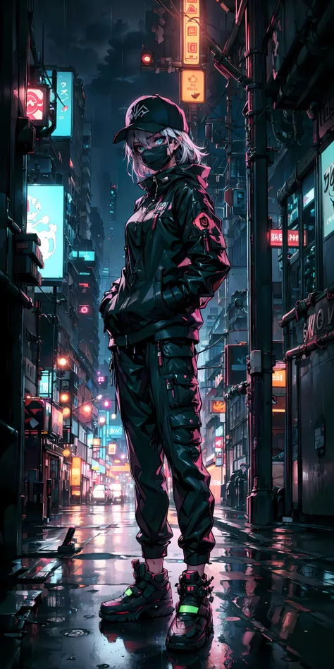 1girl,night city,rain,hands in pockets, full body, cyberpunk, moody lighting, cityscape, neon lights, baseball cap, neon futuristic clothing, surgical mask, pants,