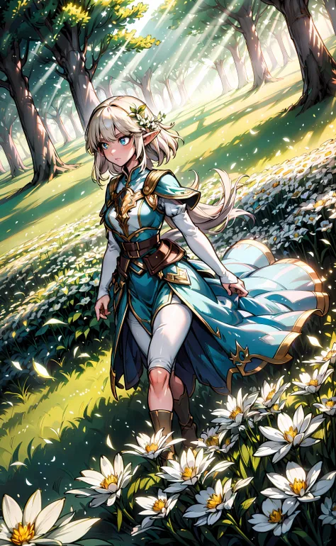 masterpiece, best quality, 1girl, elf adventurer walking through a field of white flowers, dutch angle, cinematic, volumetric lighting, sunbeam, soft lighting, mystical, magical, rim lighting, fantasy, sparkle, glittering, <lora:GoodHands-beta2:1>, <lora:tangbohu-line_1.0:0.7>, <lora:jk_style:0.4>, <lora:GGAS_Legends_Art_Style:0.1>,